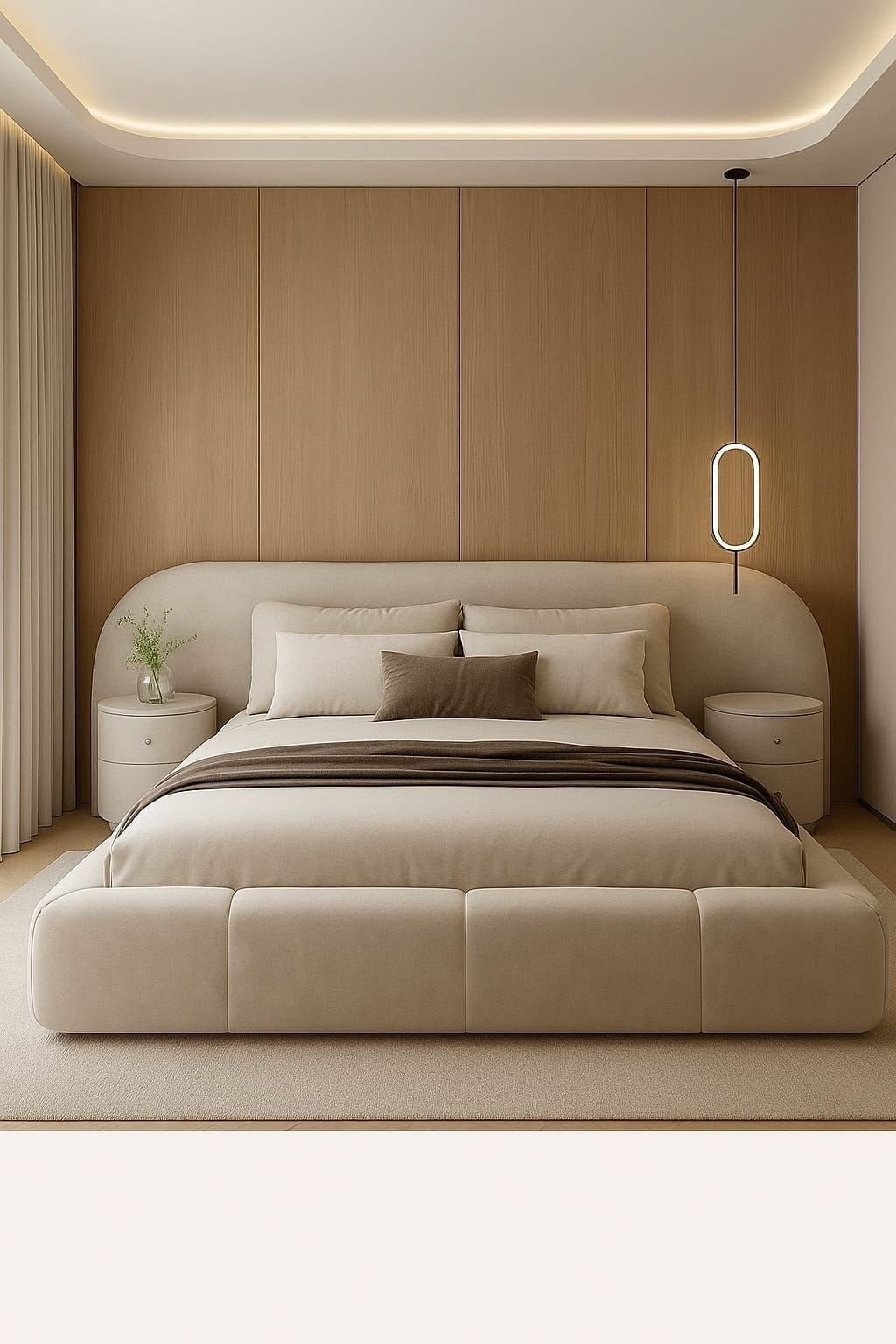 Cream upholstered Halo sleigh bed with extra-wide curved wraparound headboard and padded footboard bench