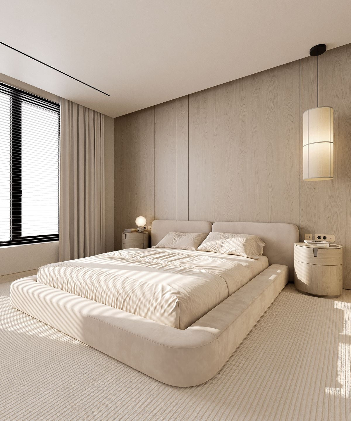 Cream upholstered Sorrento low platform bed with wide floating surround in a minimalist bedroom