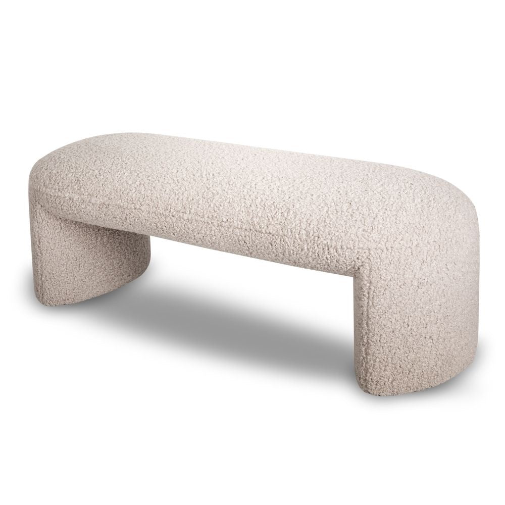 Cream bouclé Pebble arch bench with curved waterfall seat and solid arch legs