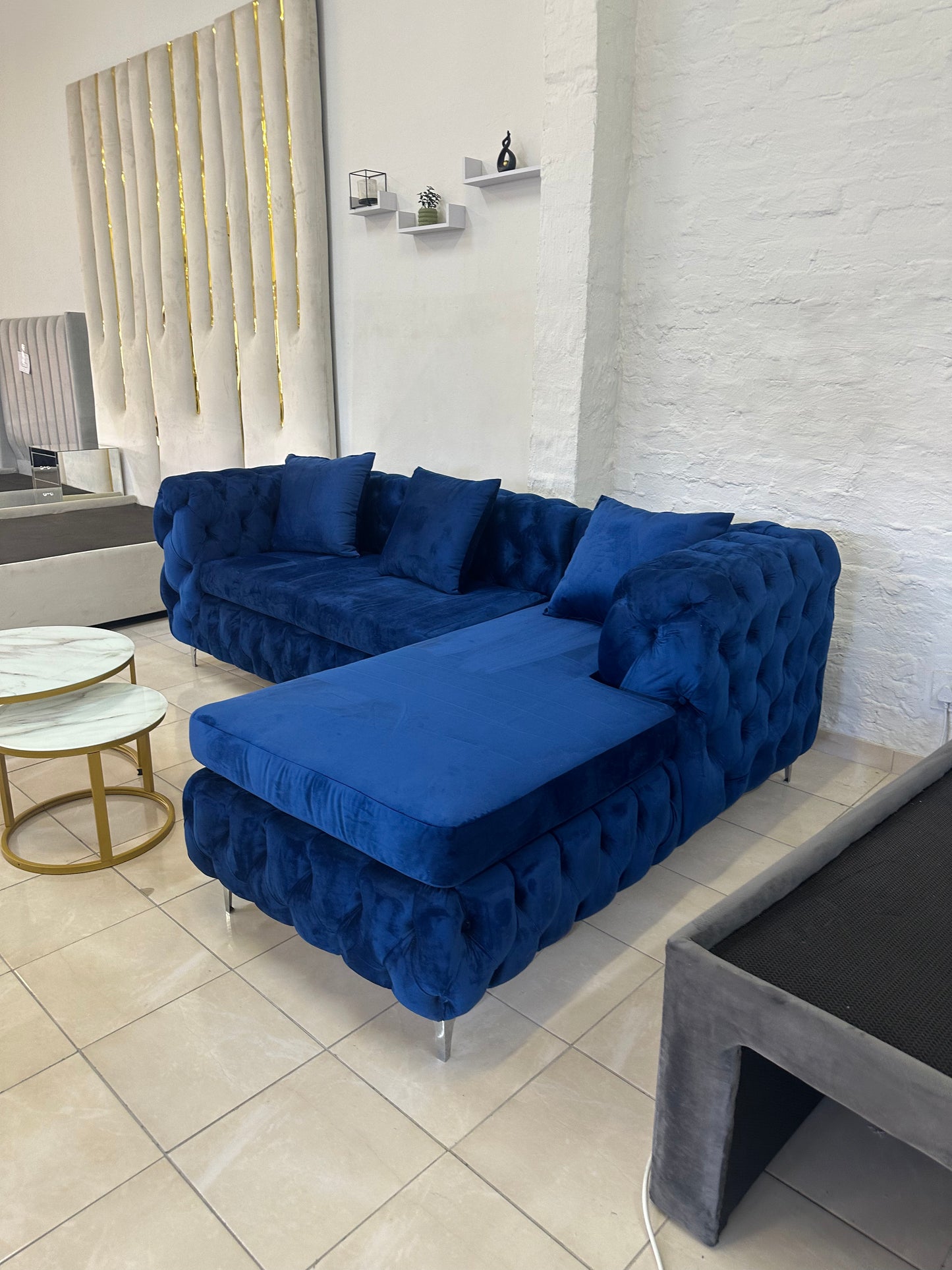 Curvy-Buttoned L-Shaped Couch Luxe Living Interiors