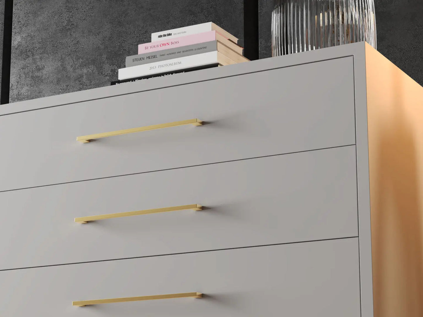 Chest of DrawersAdd a touch of luxury to your home with our Glossy Wood Chest of Drawers. Featuring a glossy white finish and gold accents, this chest boasts four drawers for ample Luxe Living InteriorsGlossy Wood Chest