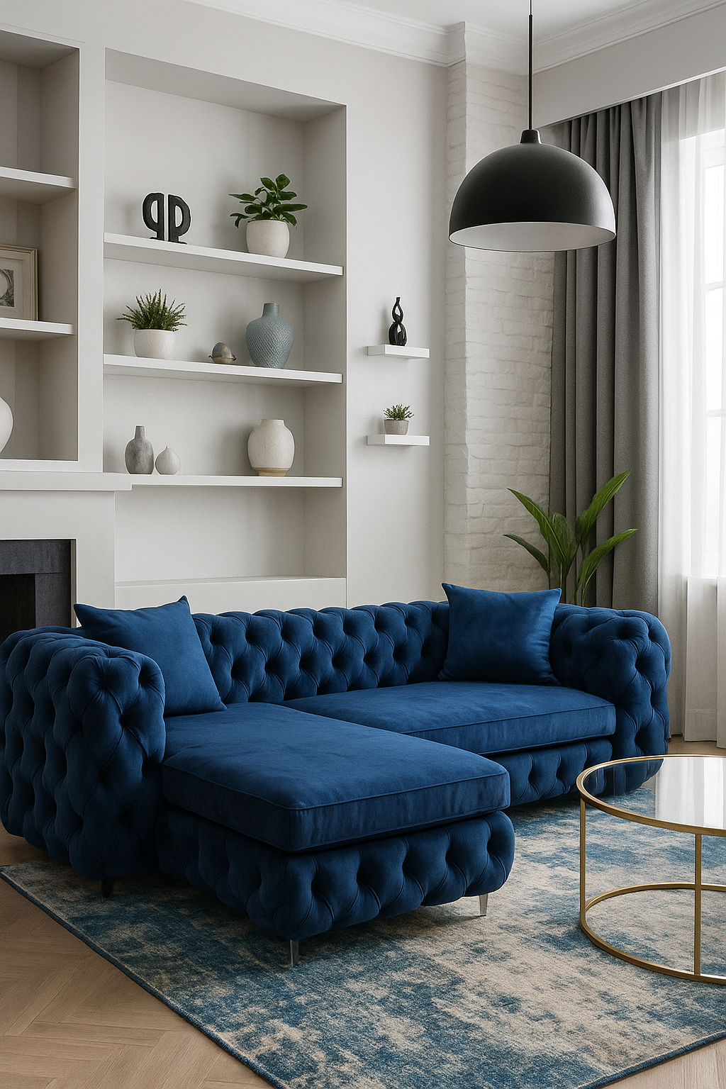 Curvy-Buttoned L-Shaped Couch Luxe Living Interiors