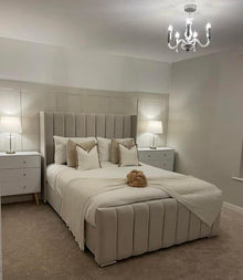 Luxe Panel Sleigh Bed in velvet with panelled headboard and matching bed frame — Luxe Living Interiors