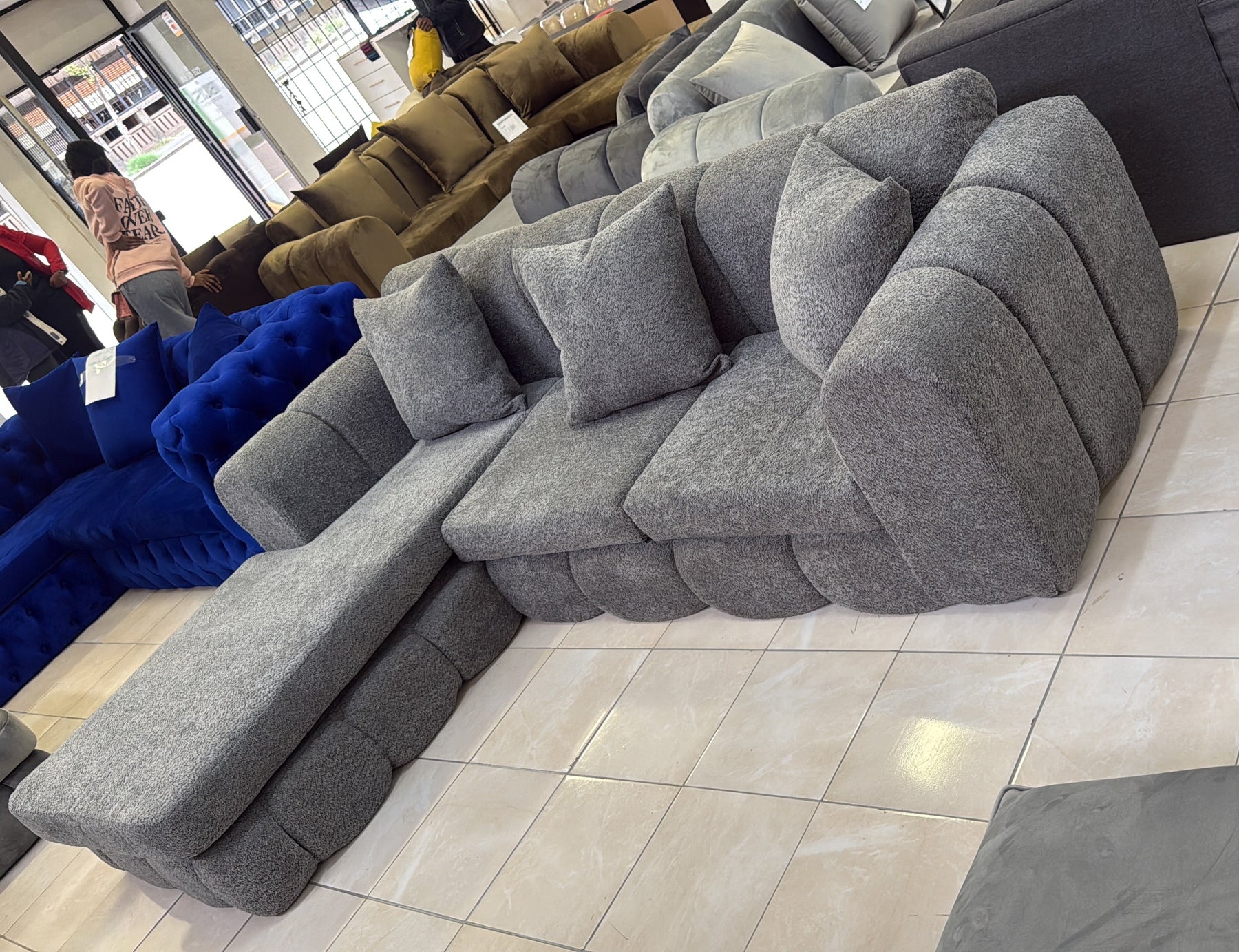 Dark grey bubble L shape couch in bouclè fabric