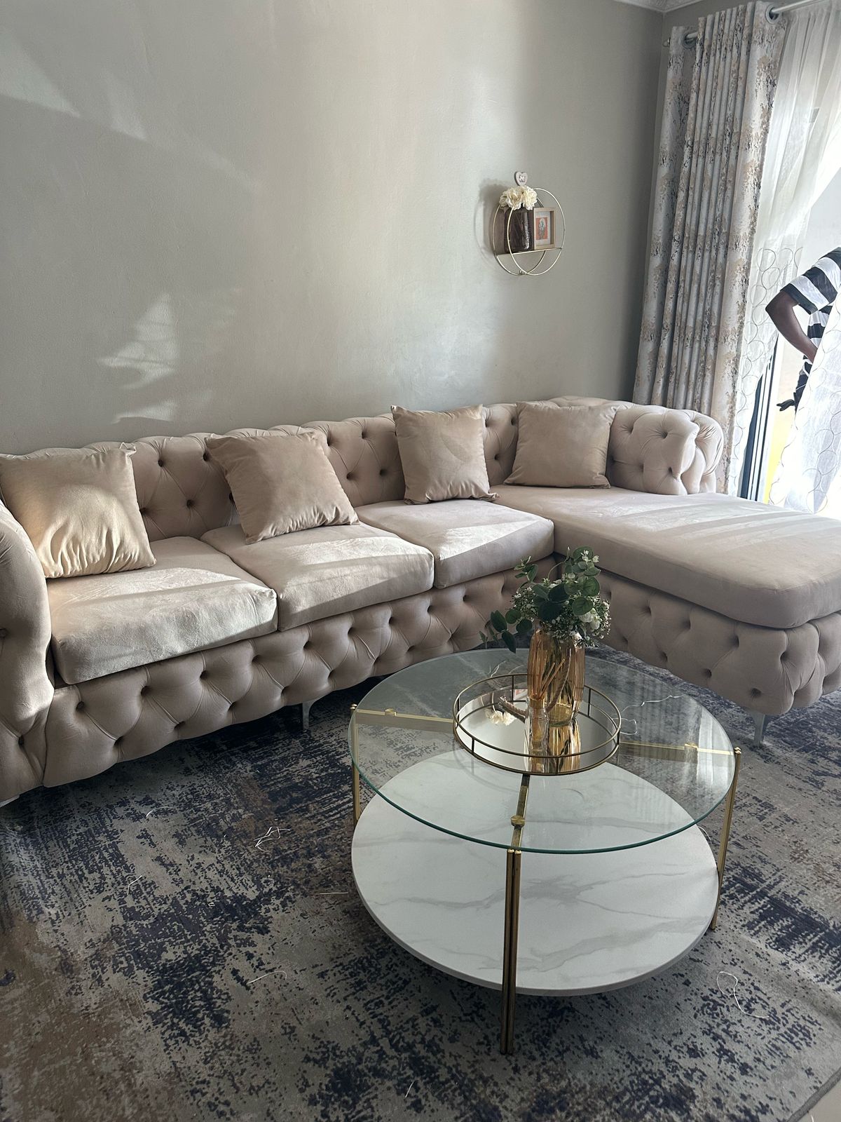 Curvy-Buttoned L-Shaped Couch