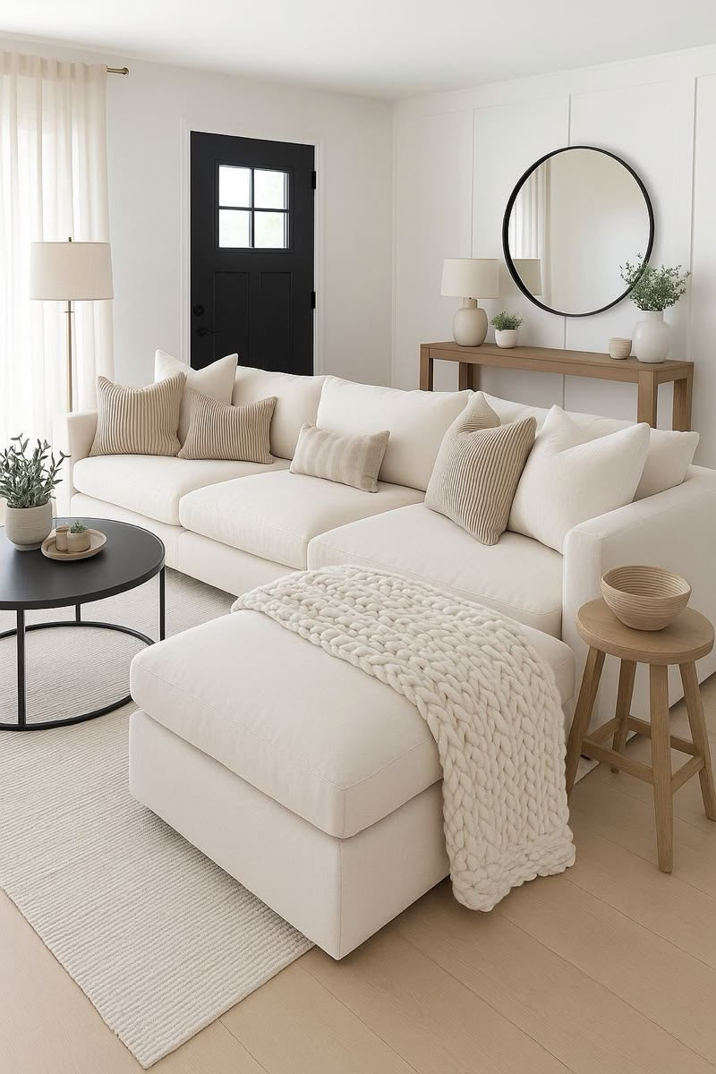 Cream Kensington corner couch with deep seats, rolled arms and matching ottoman in a bright lounge