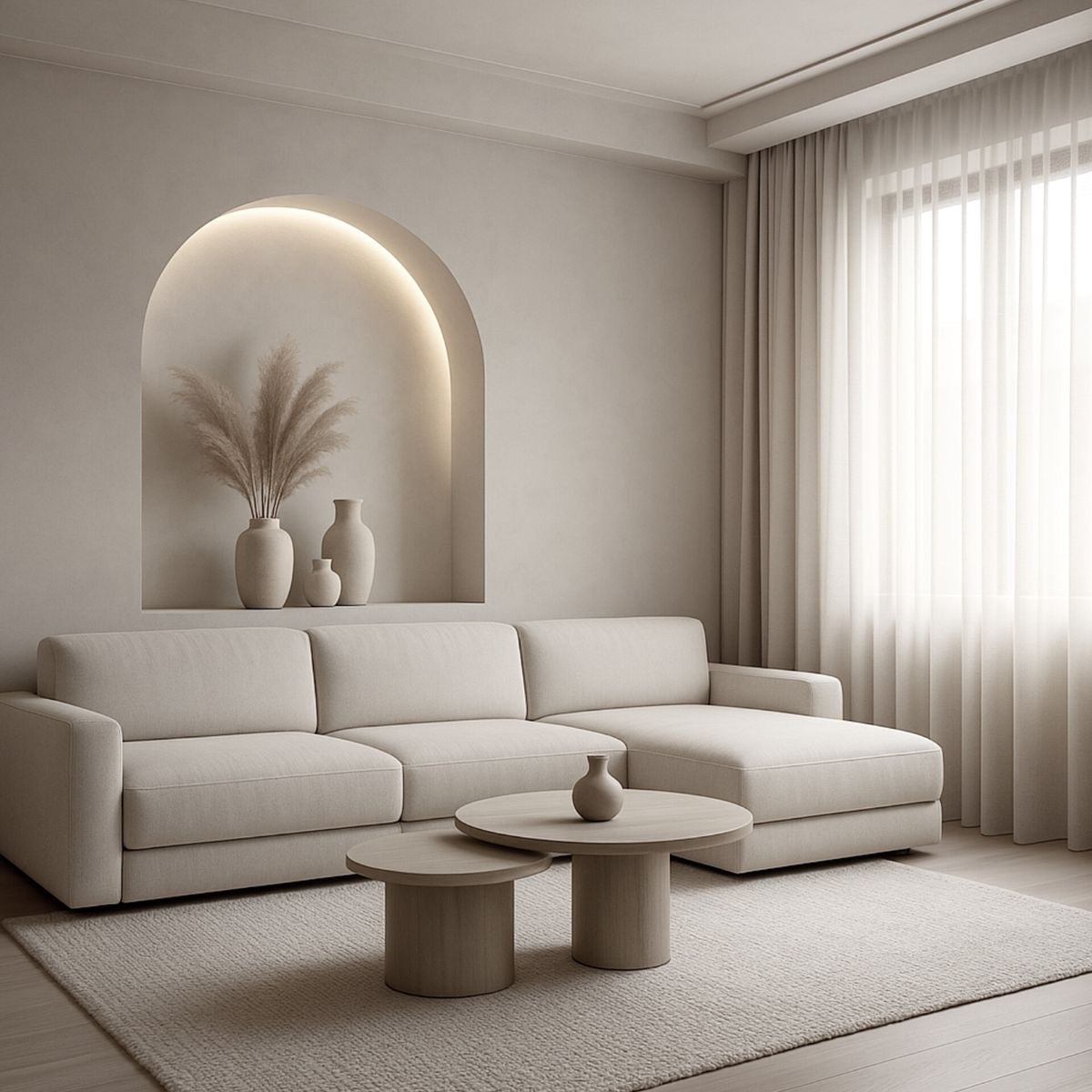 Cream fabric Chelsea L-shape couch with open chaise and low back in a neutral apartment lounge