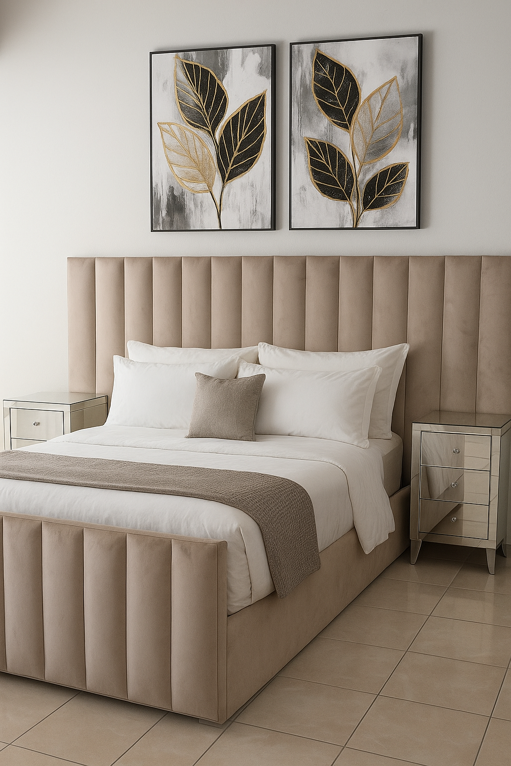 Beige upholstered bed with white bedding and decorative pillows in a bedroom setting.