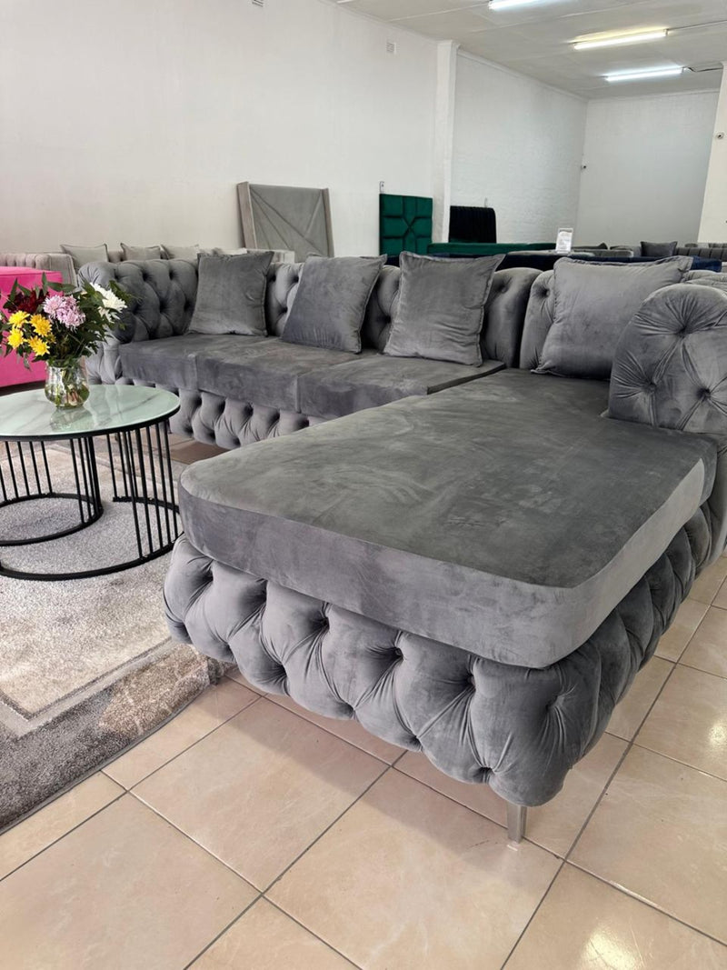 Curvy-Buttoned L-Shaped Couch Luxe Living Interiors