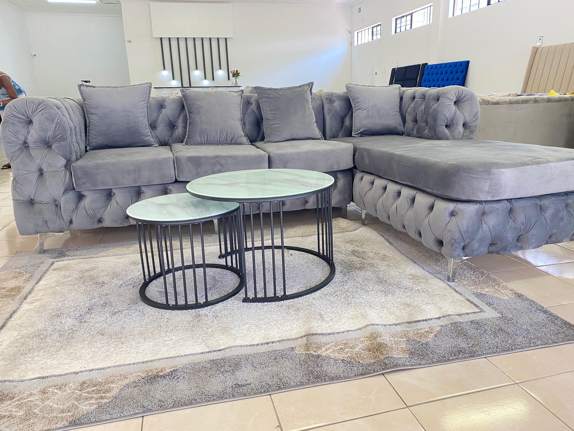 Curvy-Buttoned L-Shaped Couch Luxe Living Interiors