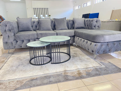 Curvy-Buttoned L-Shaped Couch Luxe Living Interiors