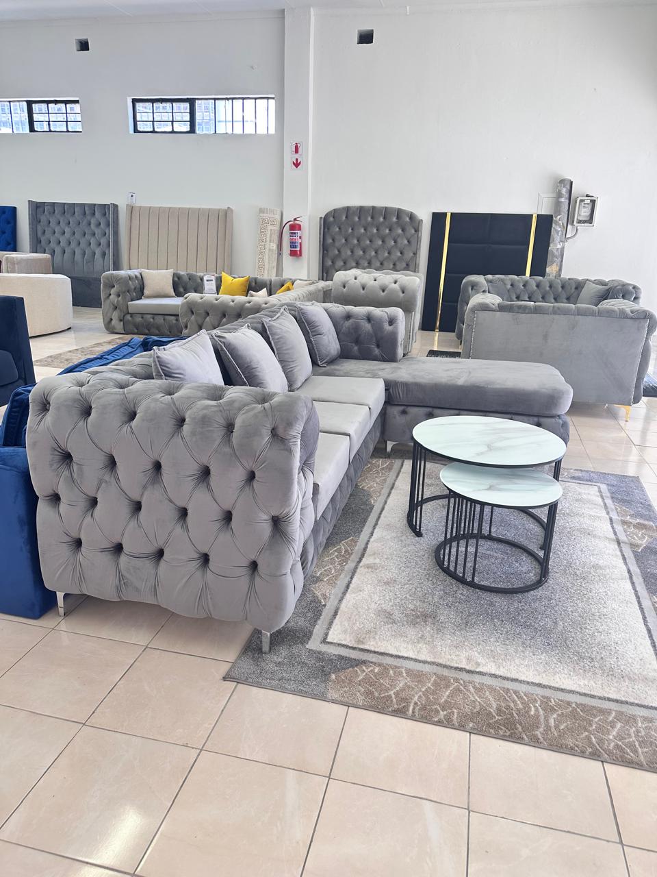 Curvy-Buttoned L-Shaped Couch Luxe Living Interiors