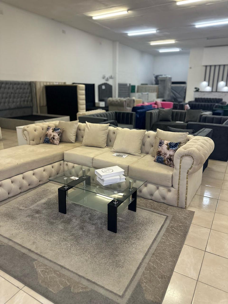 Round-Arms Curvy-Buttoned L-Shaped Couch Luxe Living Interiors