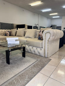Round-Arms Curvy-Buttoned L-Shaped Couch Luxe Living Interiors