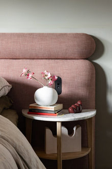 The Capri Bolster Headboard in blush pink houndstooth - Luxe Living Interiors