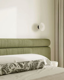 Close-up of the rolled bolster on the Capri Bolster Headboard in ribbed corduroy - Luxe Living Interiors