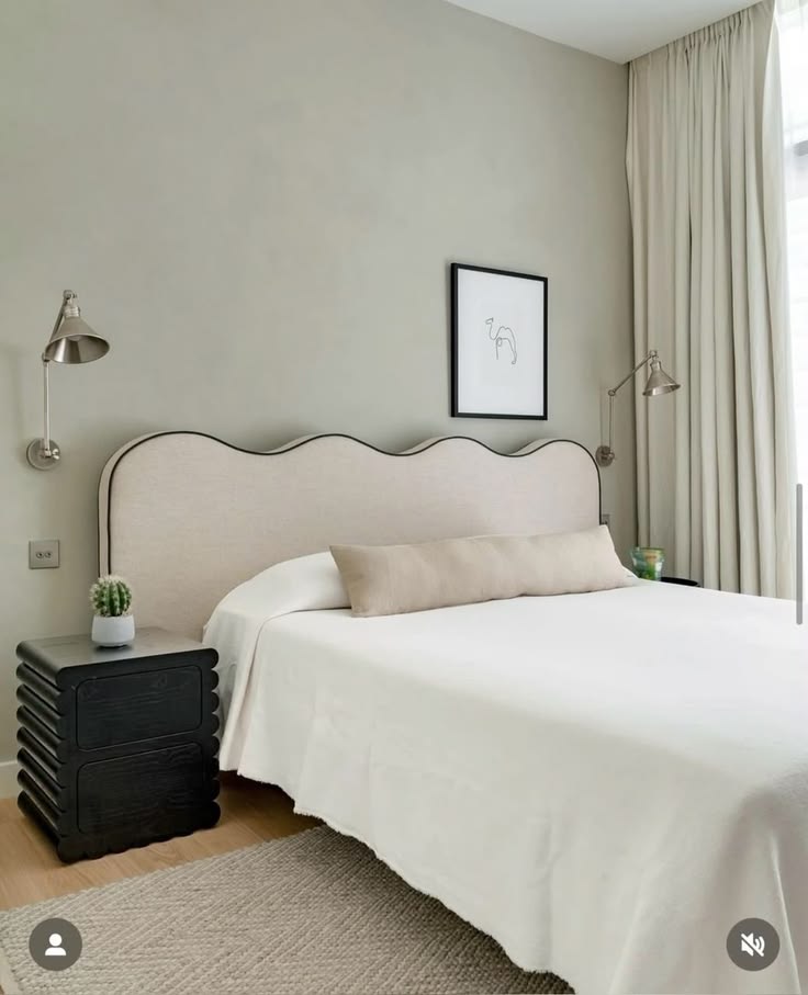 The Ondine Scallop Headboard - wavy scalloped linen headboard with black contrast piping - Luxe Living Interiors
