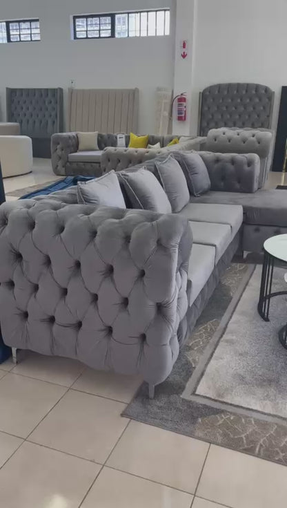 Curvy-Buttoned L-Shaped Couch