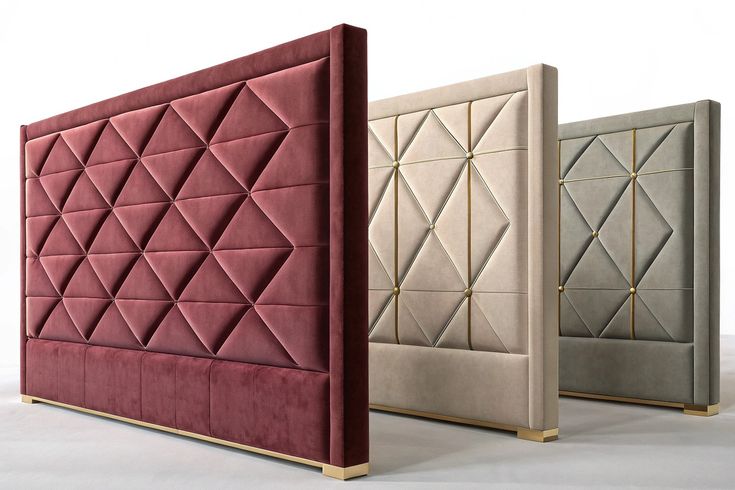 The Versailles Diamond Headboard in burgundy, beige and grey velvet with sculpted diamond panels and gold plinth - Luxe Living Interiors